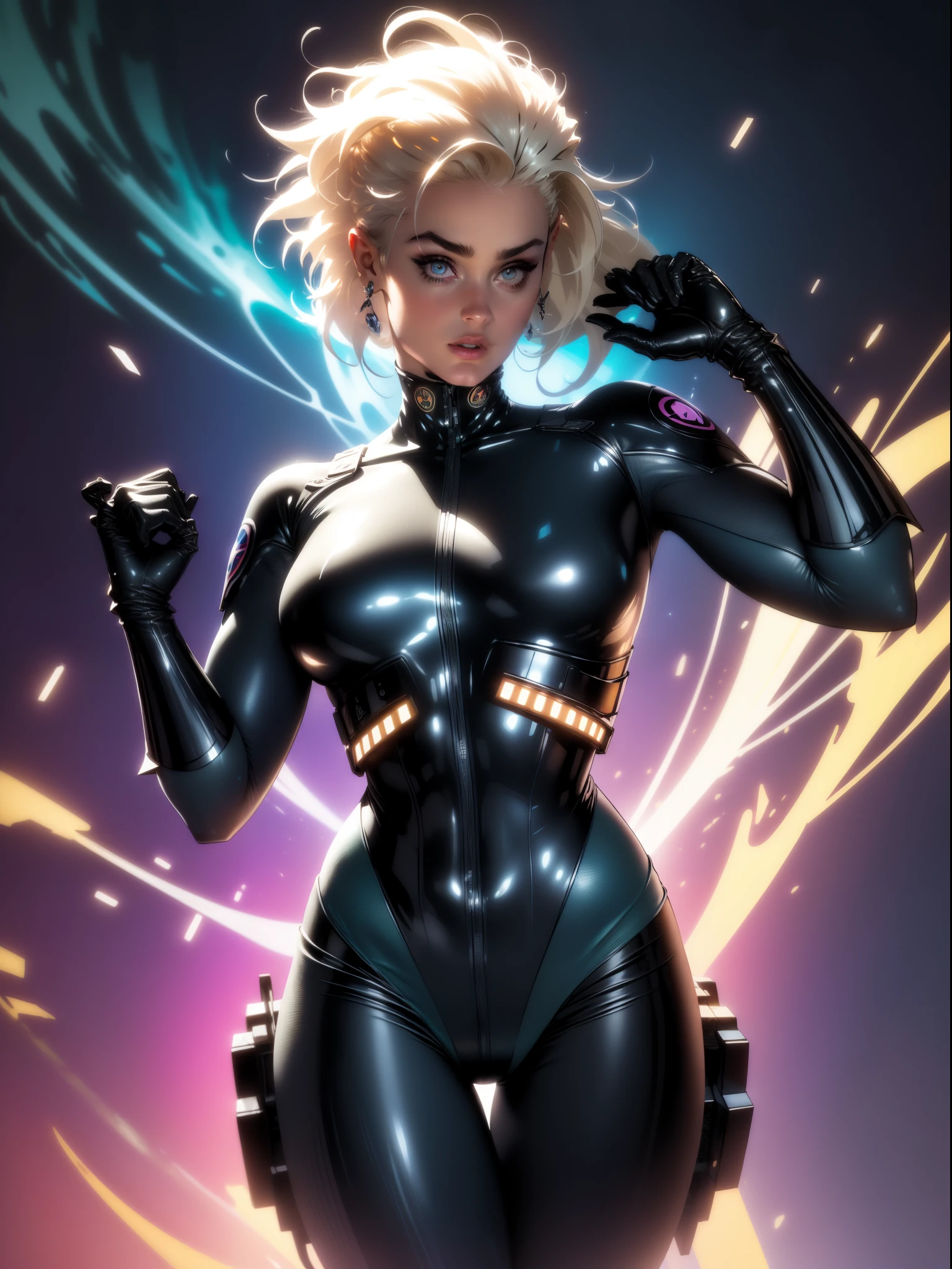 ((best qualityer)), ((work of art)), (detailded: 1.4), (absurdrez), Stefania Ferrario as fighter pilot ready for war, Clothes with spectacular abstract designs, color explosion, cosmic tattoo, nebula, defined muscular sculptural body, all-body, half thick bare thighs, cloused mouth, body covered by technological clothing, Neon Genesis Evangelion style, cyber punk, generous neckline, ((perfect medium breasts)), (super clear blue eyes), ((white and orange clothes)), (((short blonde hair)))), long black eyelashes heavy makeup, garter belt made from barbed wire, for much, private--V5, close to real, psychopath, crazy face, pose sexy, fractal background, 2 piece outfit, cake, centred, scale to fit dimensions, HDR (High-range dynamics),ray tracing,nvidia RTX,Super-resolution,Irreal 5, underground dispersal, PBR Texture, Post-processing, Anisotropic filtering, Depth of field, maximum clarity and sharpness, Multilayer textures, Albedo and Mirror Maps, surface shading, Accurate simulation of light-material interaction, perfect proportions, octane rendering, two tone lighting, large aperture, Low ISO, white balance, rule of thirds, 8K CRU, crysisnanosuit 