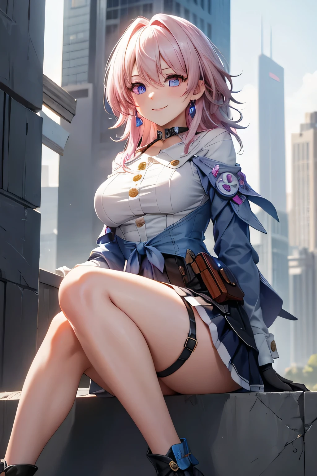 (masterpiece), best quality, expressive eyes, perfect face, 1 girl, solo, march seventh, blue eyes, hair between eyes, medium hair, pink eyes, pink hair, two-tone eyes, breasts, big breasts, large breasts, ankle boots, archery shooting glove, badge, legs, bare legs, thick legs, thight, spread thight, black choker, black corset, black footwear, black gloves, blue jacket, blue skirt, boots, button badge, buttons, choker, collarbone, corset, earrings, flower ornament, gloves, high heel boots, high heels, jacket, jewelry, long sleeves, miniskirt, partially fingerless gloves, pleated skirt, shirt, single earring, single glove, skirt, thigh strap, tied jacket, underbust, white shirt, smiling, city, background, futuristic city, sitting on the ground, knees up, portrait, looking at the viewer,