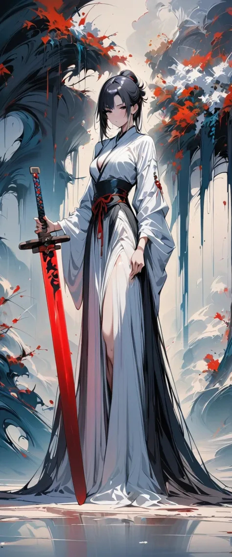 (masterpiece, best quality:1.2),  1 Girl, Solitary,Chinese swordsman，Abstract Art，Holding a red long sword，