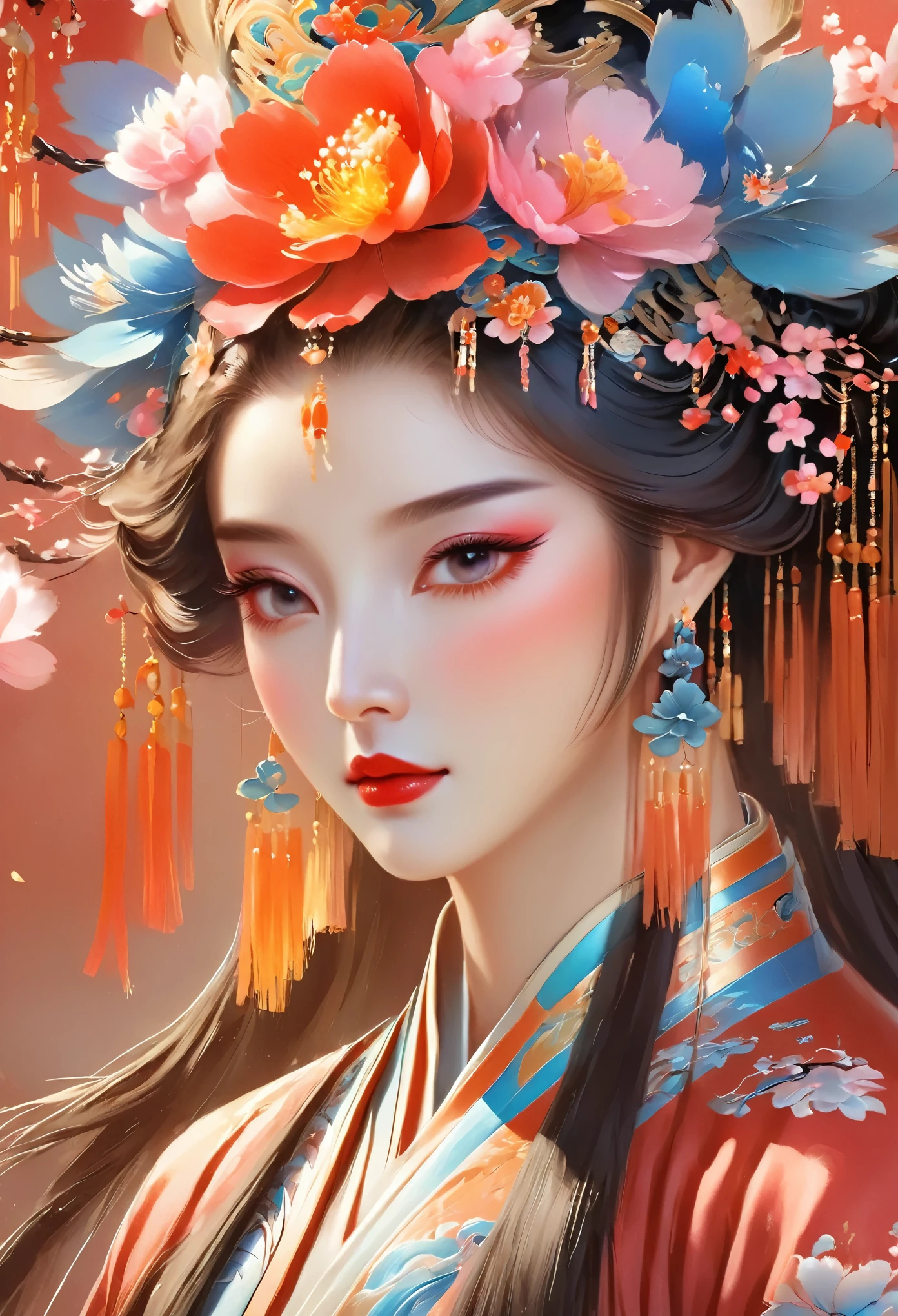 (masterpiece, best quality:1.2), Close up of woman wearing flower headdress, palace ， Girl wearing Hanfu, Beautiful fantasy queen, ancient Chinese Princess, ((Beautiful fantasy queen)), Chinese Princess, queen of china, Beautiful character painting, Gurwitz-style artwork, A beautiful artistic illustration, guweiz, Beautiful digital art work, Beautiful digital illustrations