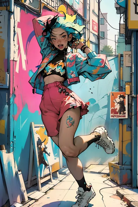 (high resolution:1.2),ultra detailed,realistic,sharp focus,colorful,graffiti covered walls,street artist girl,vibrant clothing,p...