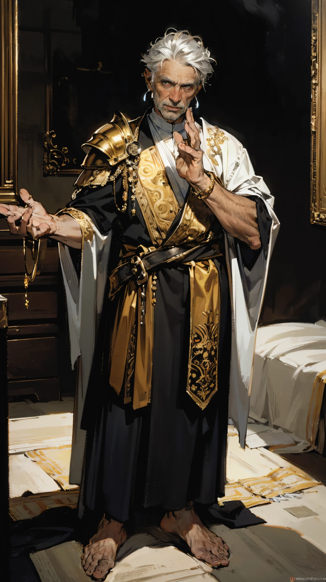 best quality (4K, high resolution, masterpiece:1.2), ultra-detailed, realistic (photo-realistic:1.37), male, old man,  Darius the Unyielding, the Apostle of the Holy Faith, powerful spiritual warrior, mature male, old wise man, portrait, ((wearing shining silver cuirass armor with golden embroidery)), commanding gaze, deep blue eyes, poised stance, ((silver hair)), commanding and unyielding aura with a hint of wisdom, silver and gold color scheme, sharp focus, perfect, sacred lighting, confident, authoritative demeanor, emotive smile, powerful divine magic and spiritual energy radiating from his eyes, holy temple with a peaceful, inspiring background, tranquil yet empowering atmosphere, inspired by fantasy art and divine mythology, emphasizing his allure, wisdom, and martial prowess, meticulous attention to facial details showcasing his battle scars and wisdom, striking visual impact, expressive yet authoritative facial features, supernatural elements blended with a serene reality, (exceptionally detailed:1.3), super finely detailed and strong hands, ultra finely detailed fingers (ten fingers), suggestive, inspiring posing, full body showcase, no logos in the background.