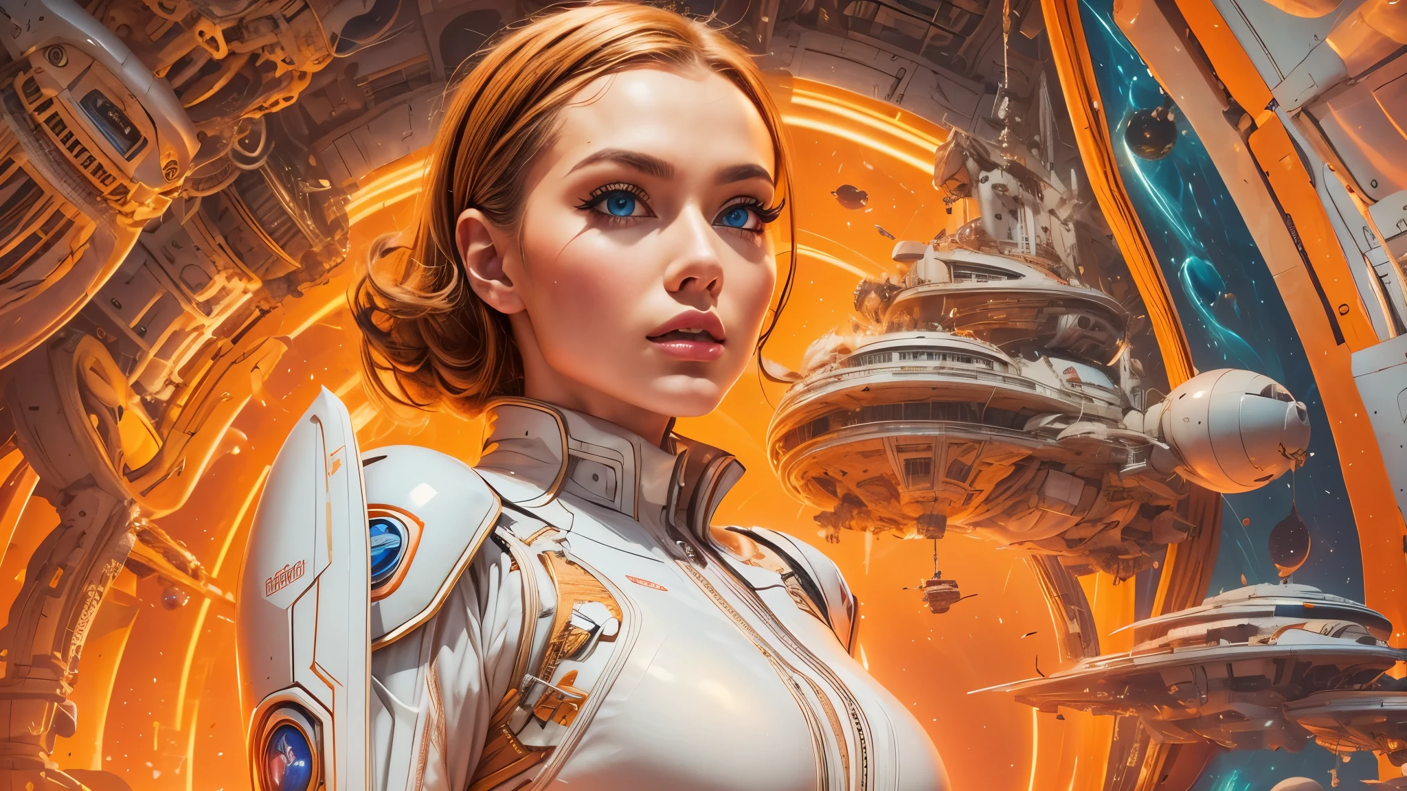 arafed image of a white woman in a futuristic suit with a spaceship in the background, movie art, in front of an orange background, inspired by Robert McGinnis, female protagonist, megastructure in the background, portrait of an ai astronaut, astronauts, an astronaut, portrait of a astronaut skeletor, perfect android girl, Highly Detailed Face and Skin Texture, Detailed Eyes, Double eyelids, perfectly detailed teeth, frank franzzeta and sakimichan  