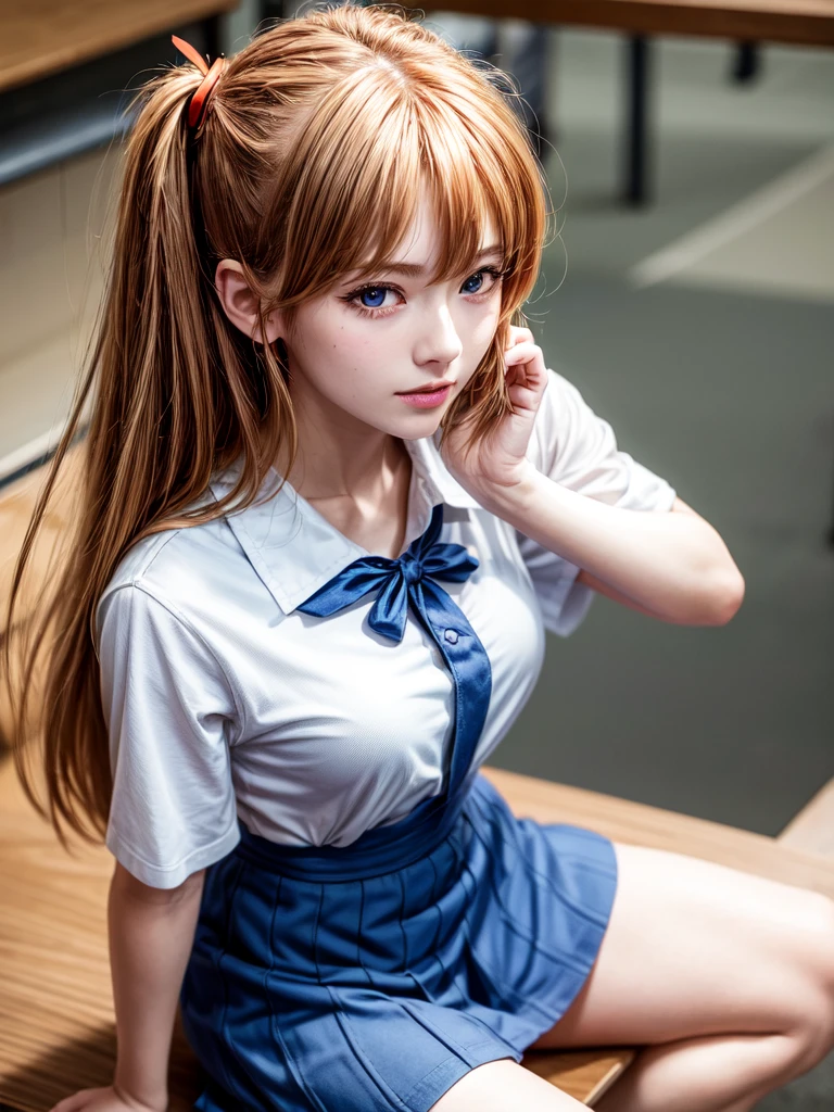 （8k, highest quality, Pieces fly:1.2)、Ultra-high resolution、anime,1 very pretty girl,Asuka Langley,Highly detailed face, Fine grain,blue eyes,,White sailor collar plain short sleeve shirt,Light blue skirt,Light Blue Suspenders,uniform_Red ribbon,Orange Hair,Long Hair、Detailed hand and fingers,put your hands in your hair,Grin、sitting on desk,Shooting from the sky,classroom