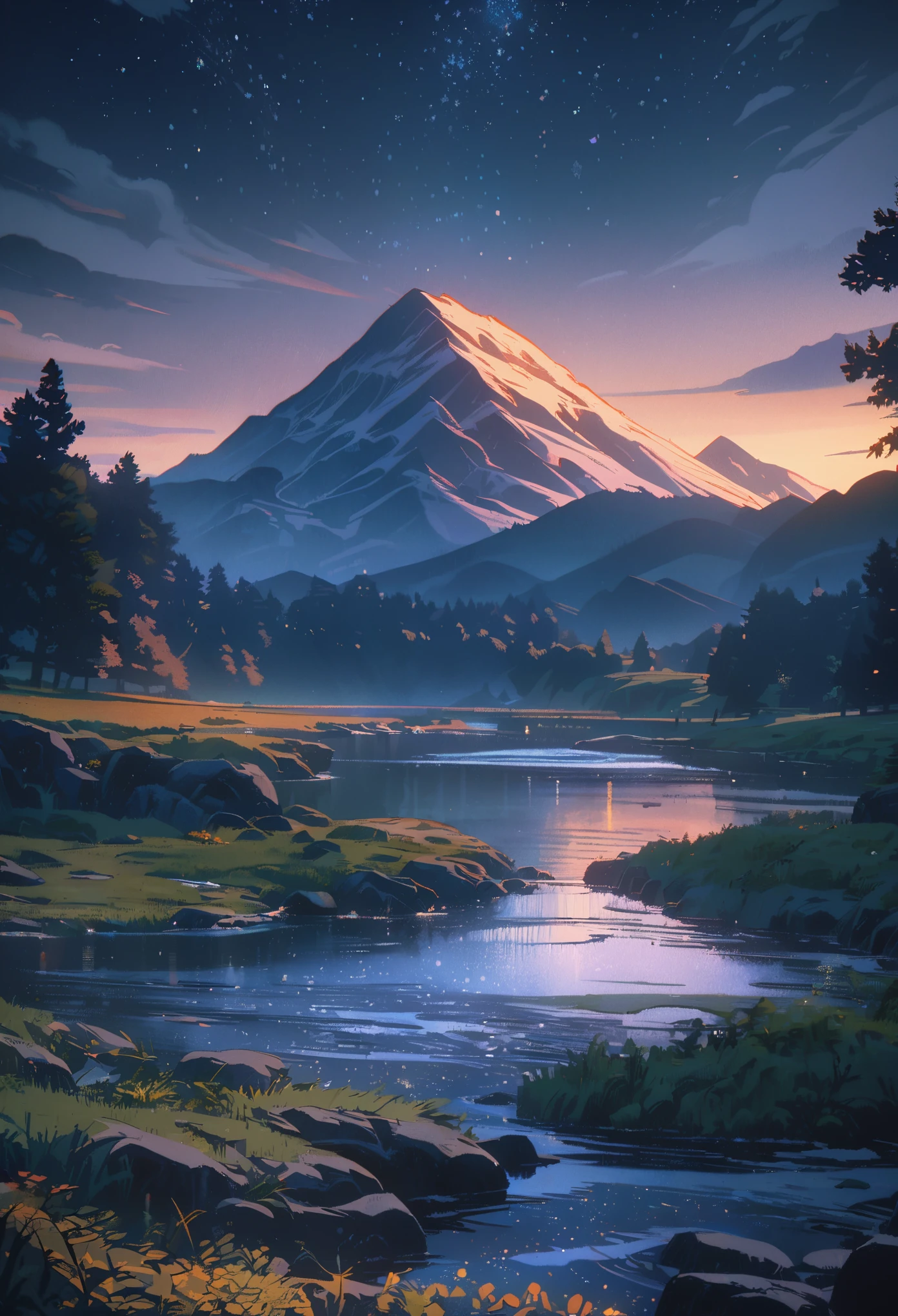 Mountain landscape, dark night, stars, beautiful types, black and dark blue colors, mountain river, calm atmosphere, classic lanscape style, anime aestetic ghibly artstyle, Ghibli-like colours, wide shot, 8k, 4K, highres, best quality, super detail, masterpiece
