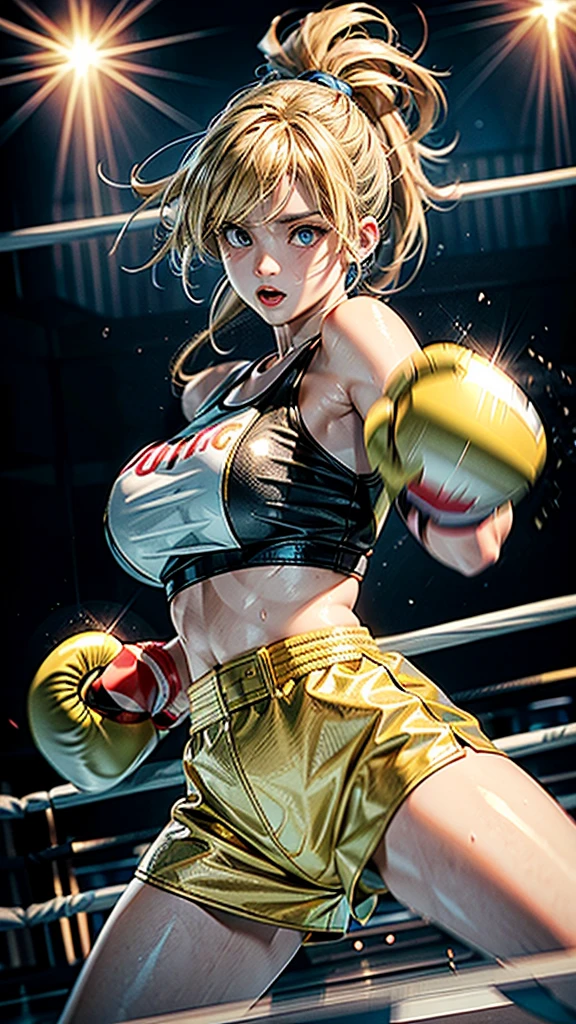 8k wallpaper of extremely detailed CG unit, ​masterpiece, hight resolution, top-quality, top-quality real texture skin,hyper realisitic, digitial painting,increase the resolution,RAW photosbest qualtiy,highly detailed,the wallpaper,two teen women,two teen women are hard pancing each other at boxing fight,1woman,teen,cute,kawaii,hair floating,messy hair,blonde hair,messy hair,pony tail hair,skin color white,eye color blue,eyes shining,big eyes,breast,sports wear,super big smile,(boxing gloves:1.6),(dynamic pose:1.4),(dynamic angle:1.8),sweat,boxing wounds on face,dirty,(gold trophy and champion belt:1.2),she is a winner of a match, BREAK ,(motion blur),boxing ring,1boxing referee,1trainer,audiences,[nsfw:2.0],