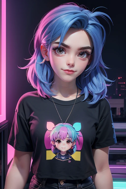 Logotipo da camiseta, design de camiseta, anime ciberpunk, chica, 2d, Colorante, colores reflejantes, construction light, neon light, Fondo de un solo color