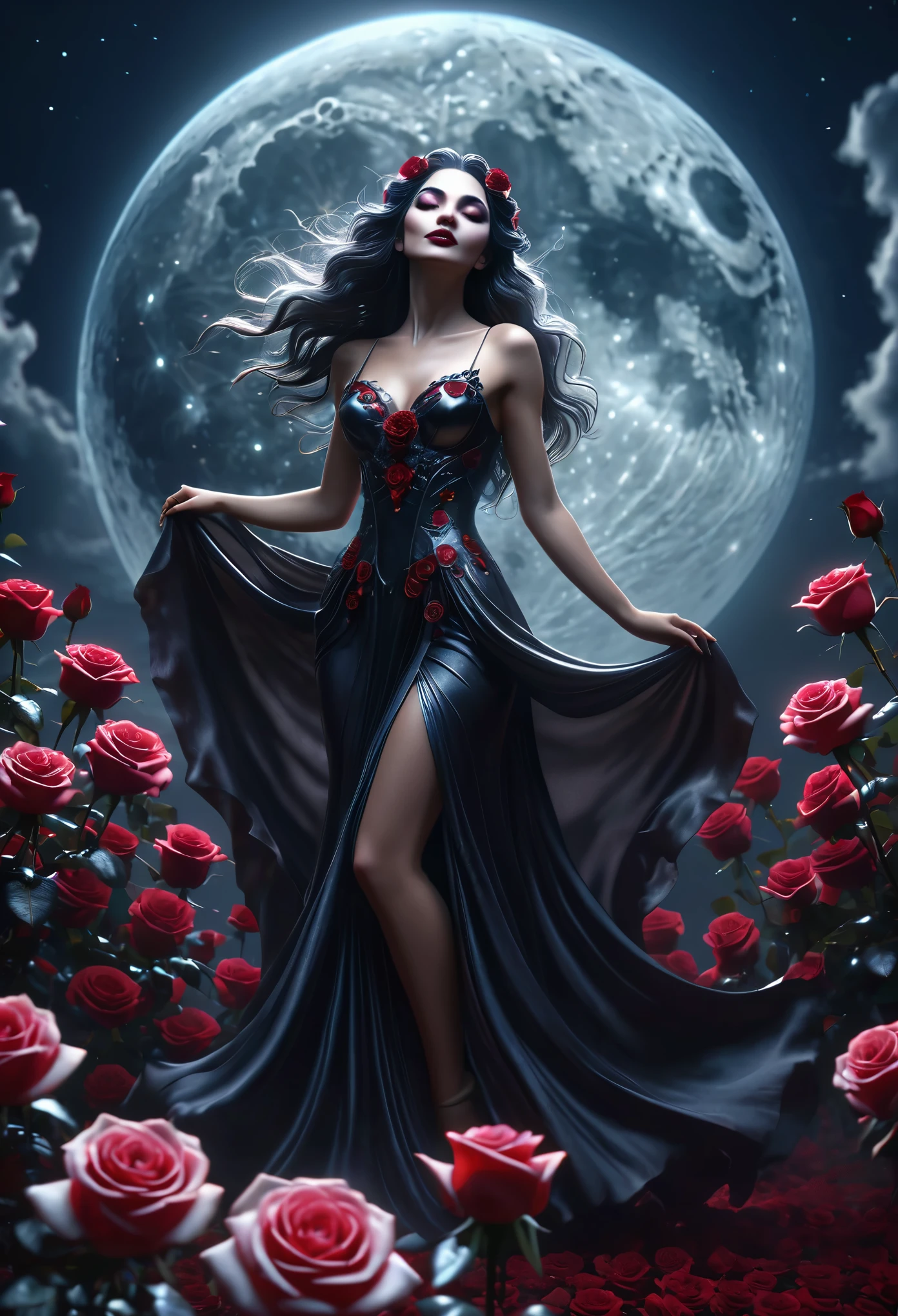 best quality, masterpiece, Surreal dark fantasy style, a goddess of vampires dancing in the moonlight on a beautiful rose, dreamy, (hyper detailed face:1.2), soft light, moonlight, ray tracing, lots of roses, full length shot, soft illumination, highly detailed, 8k
