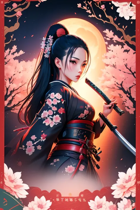 ((stickers)), 1girl, highly detailed, sexy female ronin, samurai, cherry blossom flowers border, japanese tattoos, katana, japan...