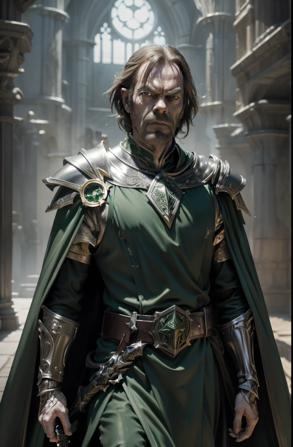 Hugo Weaving as high lord from the Warhammer universe, photorealistic, hd( lord: short hair, plate armor, nazgul silver-green cape, wide belt of Greenranger , holding weapon), renaissance gun pointing viewer,realistic fantasy, strong sense of three-dimensional by Chesley Bonestell
