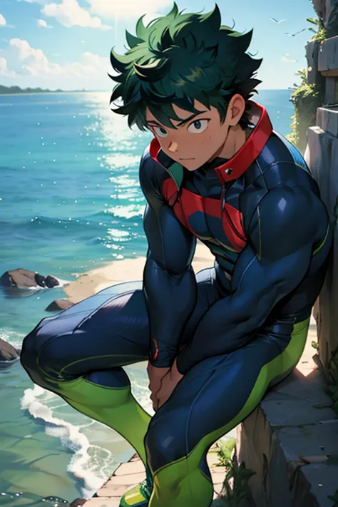 Izuku Midoriya looked impressive in his tight wetsuit that highlighted his muscles, la cual recordaba a la de All Might. Sus bra...