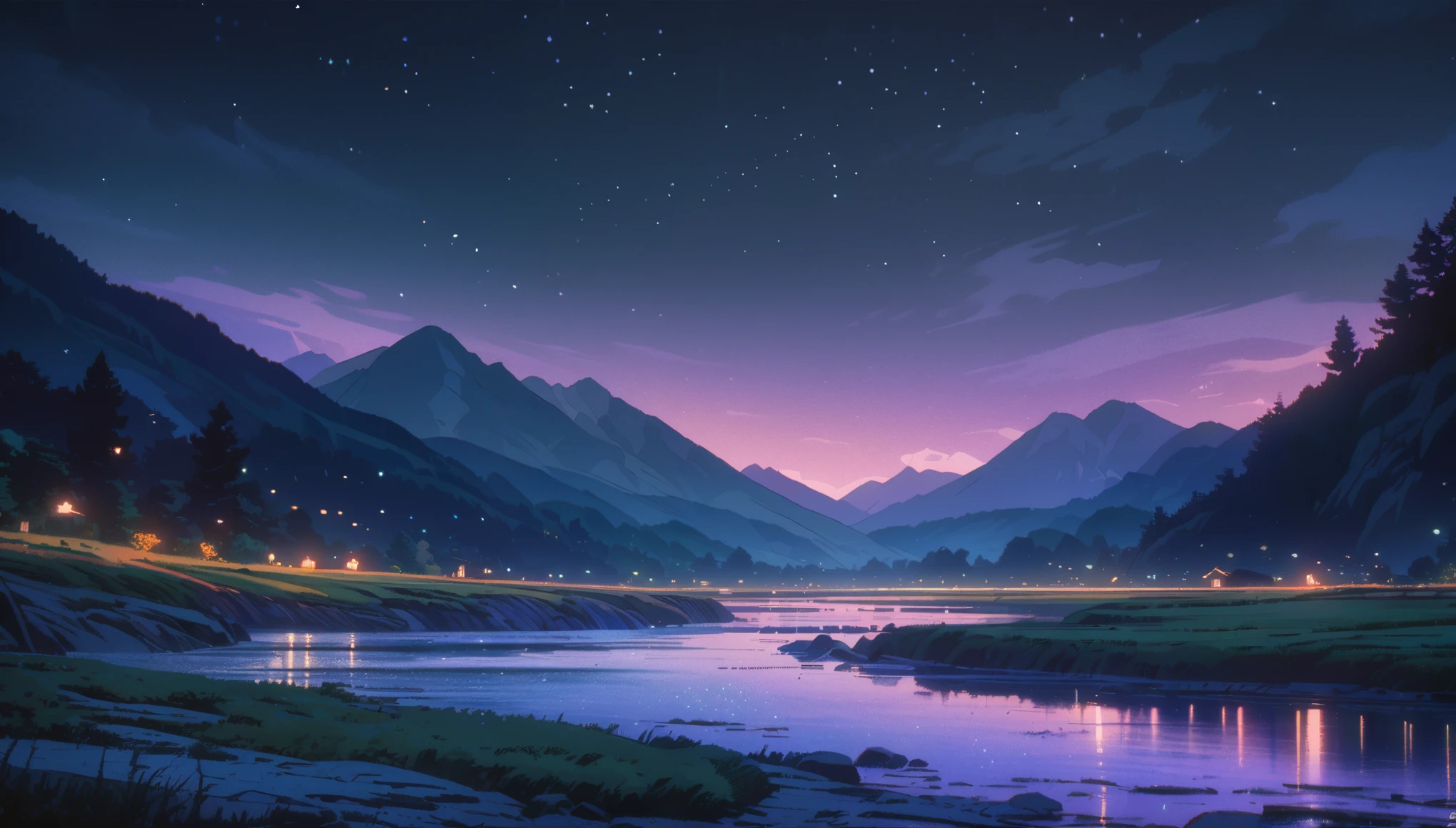 Mountain landscape, dark night, dark violet sky, midnight, stars, beautiful types, black and dark blue colors, mountain river, calm atmosphere, classic lanscape style, anime aestetic ghibly artstyle, Ghibli-like colours, wide shot, 8k, 4K, highres, best quality, super detail, masterpiece
