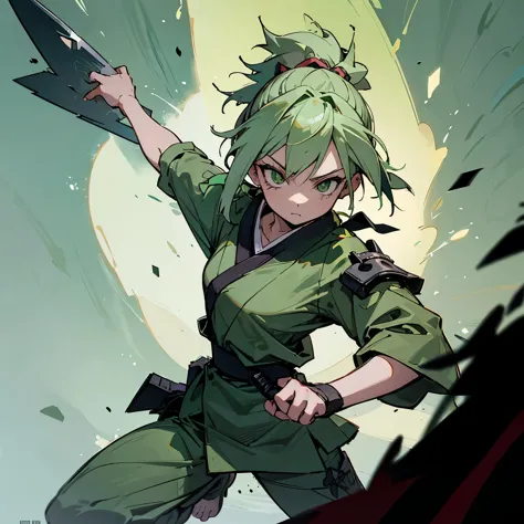 Warrior girl in combat suite light green hair colour holding kunai anime style