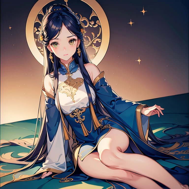 an alone mature girl with long blue and yellow eyes sitting on the bed and spread leg , night, High detail mature face, tie hair on the left side, golden eyes, bare leg, black and white noble priest dress, high res, ultra sharp, 8k, masterpiece, smiling, fantasy world, magical radiance background ((Best quality)), ((masterpiece)), 3D, HDR (High Dynamic Range),Ray Tracing, NVIDIA RTX, Super-Resolution, Unreal 5,Subsurface scattering, PBR Texturing, Post-processing, Anisotropic Filtering, Depth-of-field, Maximum clarity and sharpness, Multi-layered textures, Albedo and Specular maps, Surface shading, Accurate simulation of light-material interaction, Perfect proportions, Octane Render, Two-tone lighting, Wide aperture, Low ISO, White balance, Rule of thirds,8K RAW, Aura, masterpiece, best quality, Mysterious expression, magical effects like sparkles or energy, flowing robes or enchanting attire, mechanic creatures or mystical background, rim lighting, side lighting, cinematic light, ultra high res, 8k uhd, film grain, best shadow, delicate, RAW, light particles, detailed skin texture, detailed cloth texture, beautiful face, 
(masterpiece), best quality, expressive eyes, perfect face,