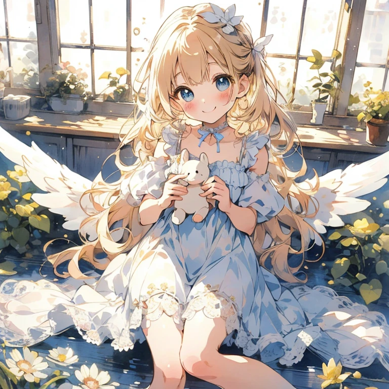 Nursery, cute moe angel girl, calm, chair, sitting, playing, stuffed animal, cute 6 year old girl, long eyelashes, charming, sparkling big eyes, cute angel mini dress with lots of ribbons, lace and frills, big smile. The image is in watercolor style, moe anime textures, world full of magical light, cute, gentle, healing, magical fantasy, top quality, highest image quality,