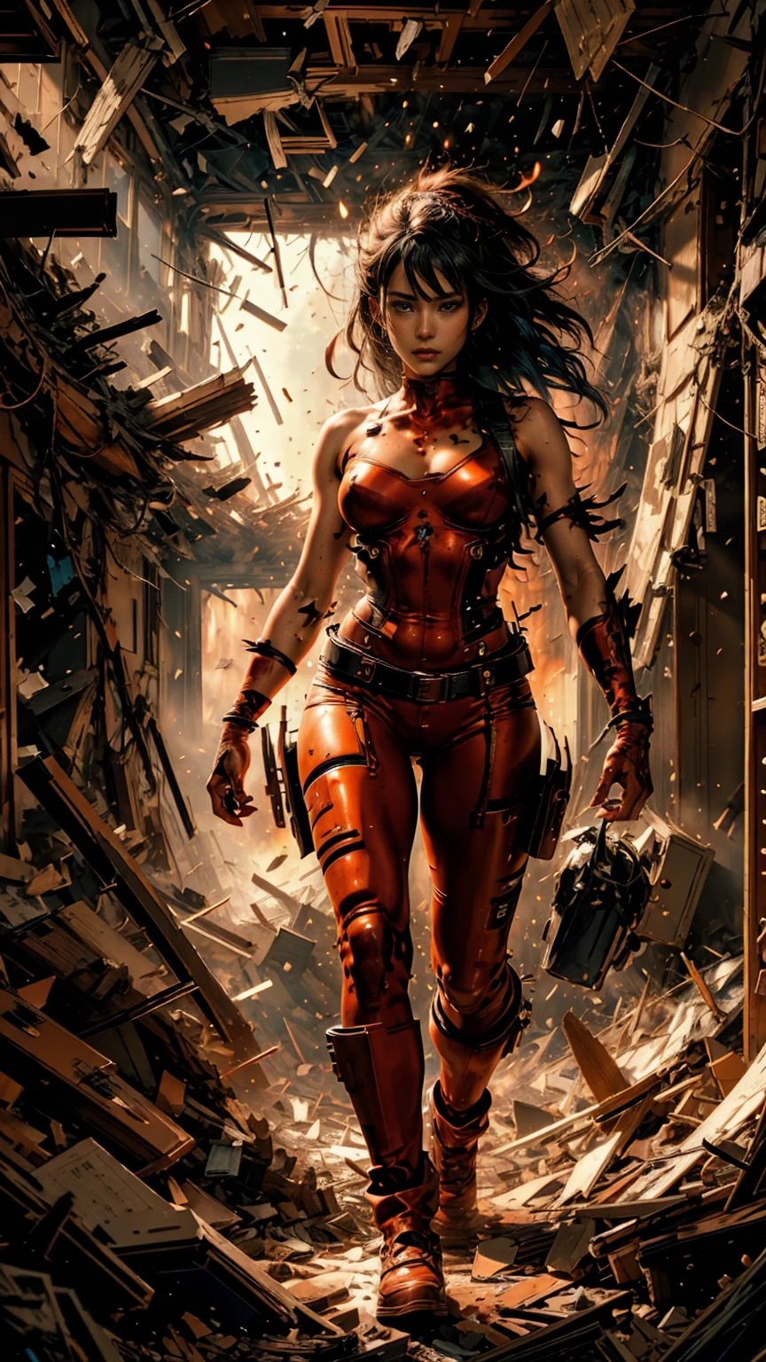 A sexy Fire Fighter, anime style. walking through a building on fire, rotten and burnt, showing off a sexy and tough firefighter outfit. Every space and build in the landscape is meticulously rendered, from the most desolate and terrifying fire, creating a visually stunning and immersive situation. The overall effect is a terrifying mix of fantasy, fire and adrenaline, hellpunk anime. close-up, fine quality eyes, ultra detailed, Beautiful and aesthetically pleasing, masterpiece, Best quality score, Extremely detailed , dynamic angle, raytraced, middle body, close up, high view, fire particles and hard lights, angulo picado.,worldoffire,metal steel building