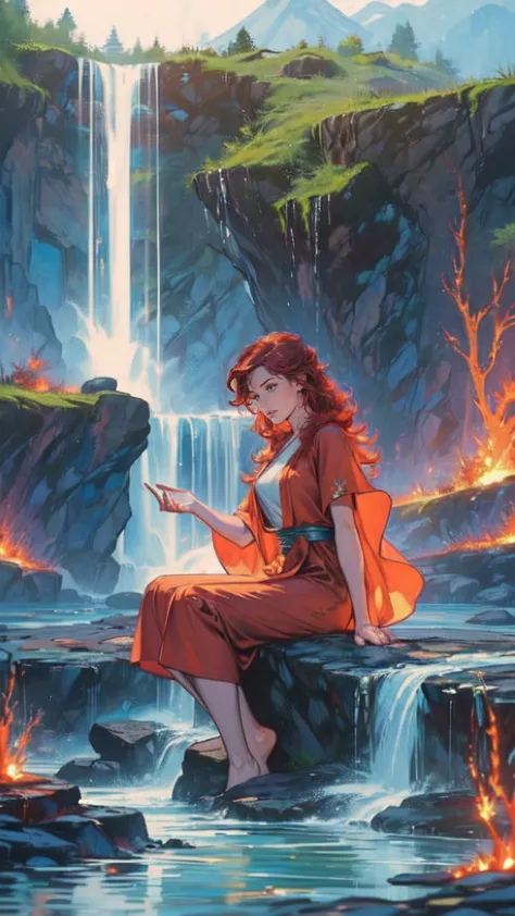 fantasy art, photorealistic, d&d art, a picture of a female monk sitting and meditating near a waterfall, at the base of the wat...