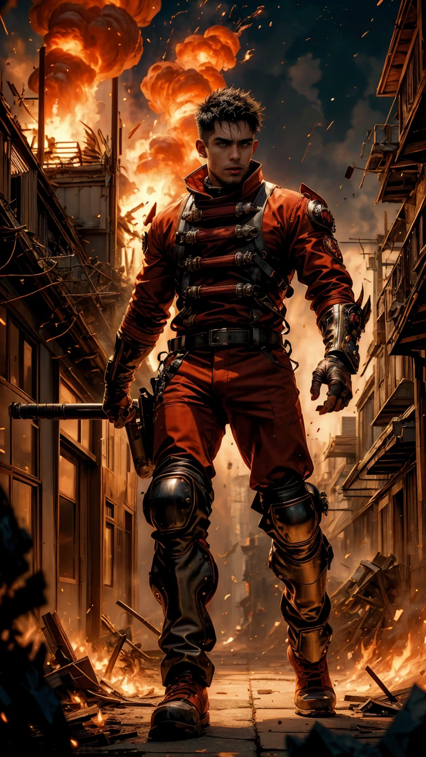 A sexy Fire Fighter, anime style. walking through a building on fire, rotten and burnt, (traje de bombero, traje de bombero:1.4) showing off a sexy and tough firefighter outfit. Every space and build in the landscape is meticulously rendered, from the most desolate and terrifying fire, creating a visually stunning and immersive situation. The overall effect is a terrifying mix of fantasy, fire and adrenaline, hellpunk anime. close-up, fine quality eyes, ultra detailed, Beautiful and aesthetically pleasing, masterpiece, Best quality score, Extremely detailed , dynamic angle, raytraced, middle body, close up, high view, fire particles and hard lights, angulo picado.,worldoffire,metal steel building