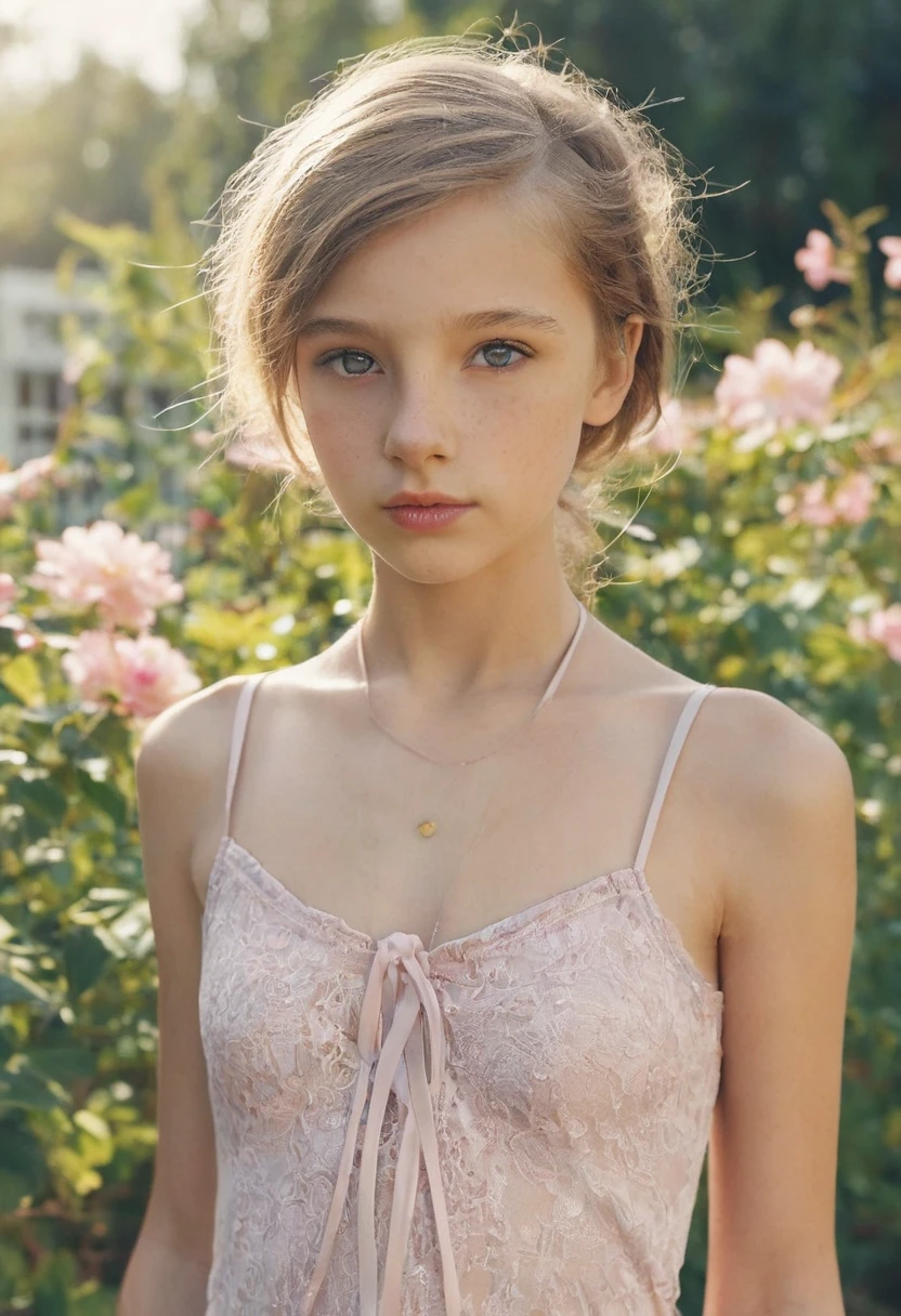 (cinematic photo:1.3) from (Hip-high photo:1.3),(Skinny:1.3) Beautiful 12 year old girl, (intricate light brown hair), highly detailed texture кожи, realistic texture кожи, looks straight into the camera, (looks at the viewer) ), pout, pastel, shine, dramatic, Dreamy, pastel flower garden, elegant, bizarre, gentle, Высокодеталfromированный, Intricate, UHD Digital Photography, Fantasy theme, skinny shoulders, , Beautiful young girl, Great, beautiful body, highly detailed full-length shot, Dreamy, pastel, watercolor, bizarre, gentle, detailed hair ribbon, highly detailed texture, realistic texture, digital painting, highly detailed photograph, (Art deco: 1 .хоторалfromм:1.3),(Classic realfromm:1.3),(Fujifilm Superia:1.3),натуралfromм, golden hour light,