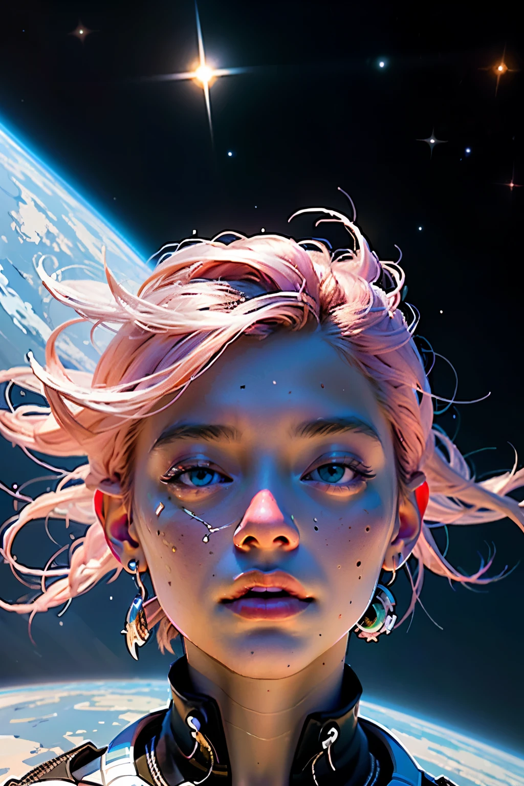 (Masterpiece:1.2), (closeup:1.8), best quality, The girl with the pretty face floats in space, portrait of a pink-haired young woman in zero gravity, the backdrop of the milky way and a supermassive black hole as background, (beautiful extra detailed hair pink hair:1.2), Wearing high-tech super glossy white tight spacesuit, There's a huge black hole forming behind her, and the stars behind her swim past ，The girl with the beautiful face stood in the center of the universe and countless golden meteors converged on her, holographic，Center symmetrical composition，Axisymmetric composition，realistic，skin textures，anatomy correct