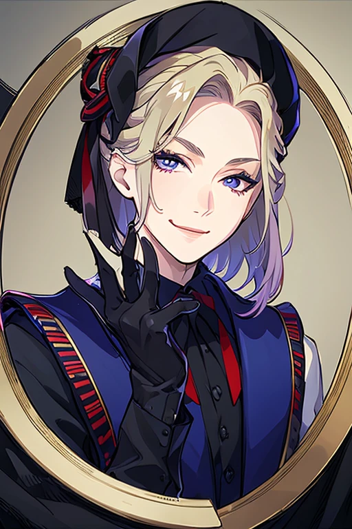 ((best quality)), ((masterpiece)), (detailed), perfect face, selfie, 1 boy, close up, head tilted to the right, hand on chin, smile, black gloves, dark navy vest and ribbon, Vil Schoenheit
, twisted wonderland