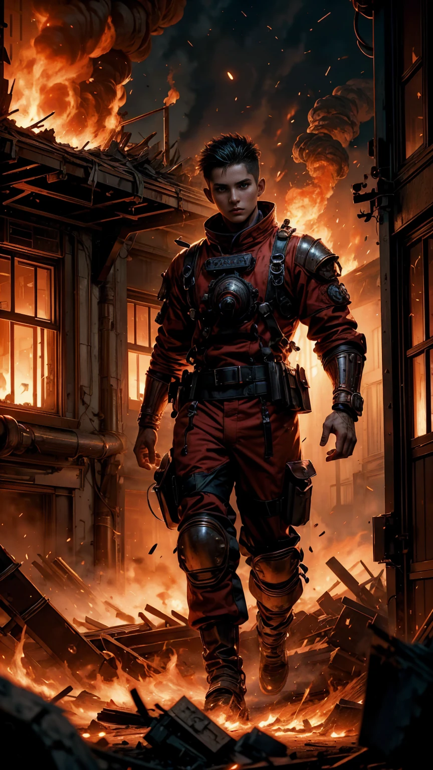 A sexy Fire Fighter, anime style. walking through a building on fire, rotten and burnt, (traje de bombero, traje de bombero:1.4) showing off a sexy and tough firefighter outfit. Every space and build in the landscape is meticulously rendered, from the most desolate and terrifying fire, creating a visually stunning and immersive situation. The overall effect is a terrifying mix of fantasy, fire and adrenaline, hellpunk anime. close-up, fine quality eyes, ultra detailed, Beautiful and aesthetically pleasing, masterpiece, Best quality score, Extremely detailed , dynamic angle, raytraced, middle body, close up, high view, fire particles and hard lights, angulo picado.,worldoffire,metal steel building, looking at camera