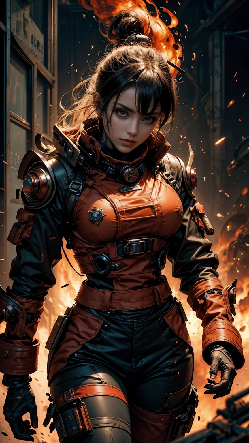 A sexy Fire Fighter, anime style. walking through a building on fire, rotten and burnt, (traje de bombero, traje de bombero:1.4) showing off a sexy and tough firefighter outfit. Every space and build in the landscape is meticulously rendered, from the most desolate and terrifying fire, creating a visually stunning and immersive situation. The overall effect is a terrifying mix of fantasy, fire and adrenaline, hellpunk anime. close-up, fine quality eyes, ultra detailed, Beautiful and aesthetically pleasing, masterpiece, Best quality score, Extremely detailed , dynamic angle, raytraced, middle body, close up, high view, fire particles and hard lights, angulo picado.,worldoffire,metal steel building, looking at camera