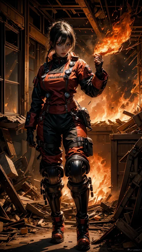 A sexy Fire Fighter, anime style. walking through a building on fire, rotten and burnt, (traje de bombero, traje de bombero:1.4)...