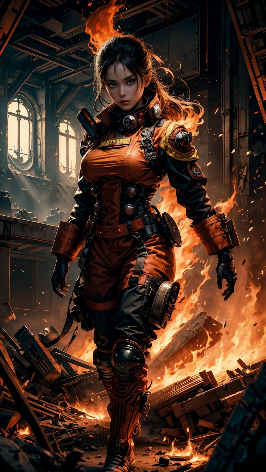 A sexy Fire Fighter, anime style. walking through a building on fire, rotten and burnt, (traje de bombero, traje de bombero:1.4) showing off a sexy and tough firefighter outfit. Every space and build in the landscape is meticulously rendered, from the most desolate and terrifying fire, creating a visually stunning and immersive situation. The overall effect is a terrifying mix of fantasy, fire and adrenaline, hellpunk anime. close-up, fine quality eyes, ultra detailed, Beautiful and aesthetically pleasing, masterpiece, Best quality score, Extremely detailed , dynamic angle, raytraced, middle body, close up, high view, fire particles and hard lights, angulo picado.,worldoffire,metal steel building, looking at camera