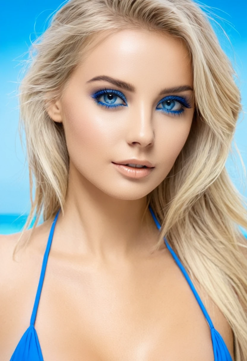 Mujer rubia ojos azules pelo largo en bikini - SeaArt AI