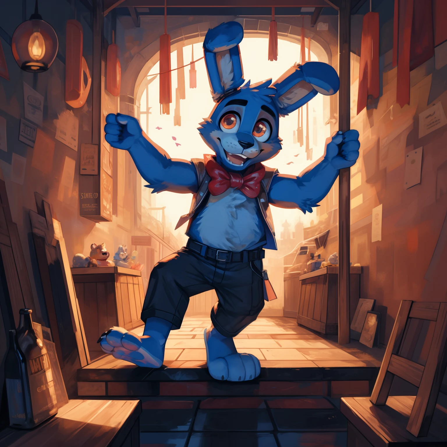 (best quality, highres:1.2), realistic, detailed illustration, Toy Bonnie from Five Nights at Freddy's, playful and vibrant colors, cute and friendly expressions, adorable and fuzzy texture, in a style for kids, with emphasis on the facial features such as big round eyes, a small button nose, and a wide smile, showcasing its charming personality, joyful and energetic pose with its (fee)t visible, (adorable feet), (cute feet), surrounded by colorful toys and props, a lively and dynamic background depicting a fun and imaginative setting, soft and gentle lighting to enhance the cozy and inviting atmosphere