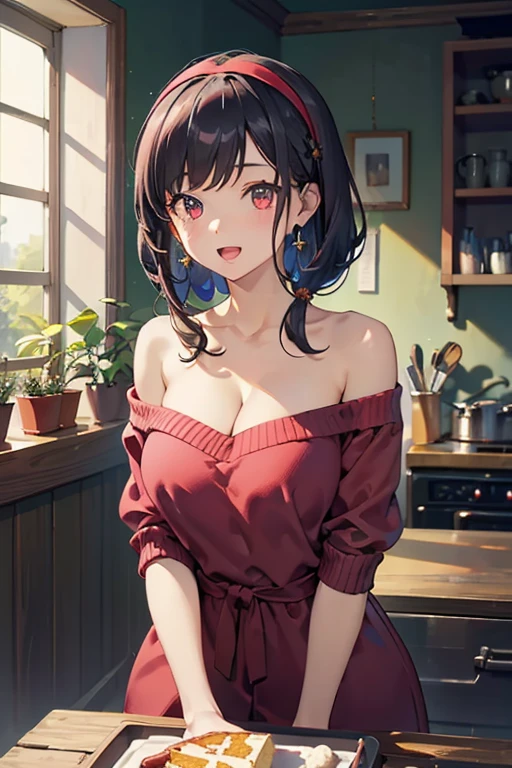 masterpiece, 1girl, Amazing Cleavage:1.3, thin waist, big ass, Raised sexy, medium breast:1.3,posed cleavage:1.2,solo, looking at viewer, open mouth, have a cup of coffee,black hair, red eyes, dress, bare shoulders, jewelry, collarbone, sidelocks, hairband, earrings, indoors, off shoulder, :o, sweater, arms behind back, plant, short hair with long locks, white hairband, off-shoulder dress, sweater dress, off-shoulder sweater, red sweater, big side hair, very long side hair,is rendered in (masterpiece: 1.2, best quality), with (ultra high resolution) and an exquisite (depth of field). This masterpiece is not only visually stunning but also tells, make of cooking some cakes ,in the kitchen ,(beautiful scenery), upper eyes, (with sparkling eyes and a contagious smile:1.2),looking at Viewer