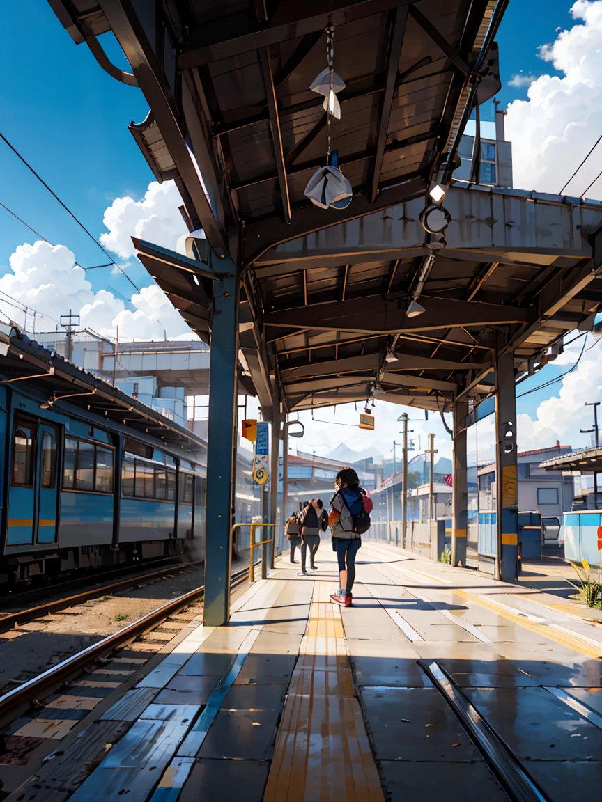 of the highest quality, hermosas y vastas llanuras, lozano, flor, tierra, horizonte, (Detailed modern station platform with a girl), cumulonimbo, cielo azul, duchas, fixing platform, shinkai makoto