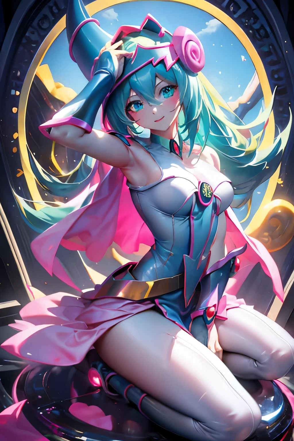 Hatsune Miku disfrazada de dark magician gils. Pose sensual y seductora. Fondo de magia 