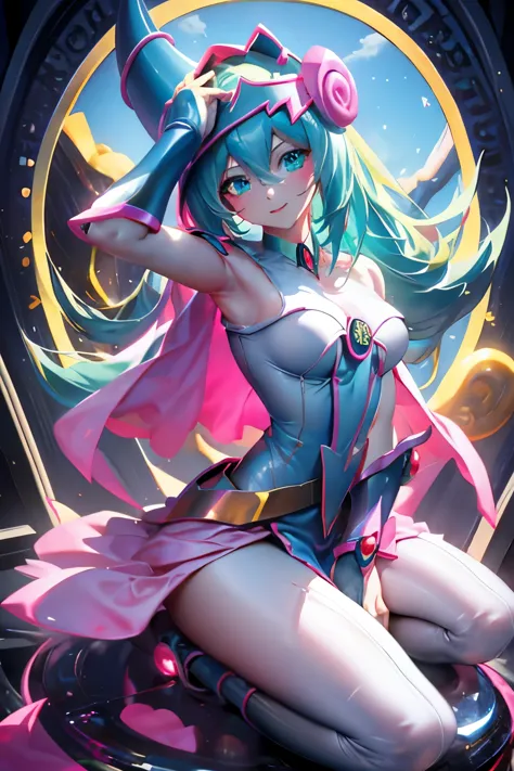 hatsune miku disfrazada de dark magician gils. pose sensual y seductora. fondo de magia