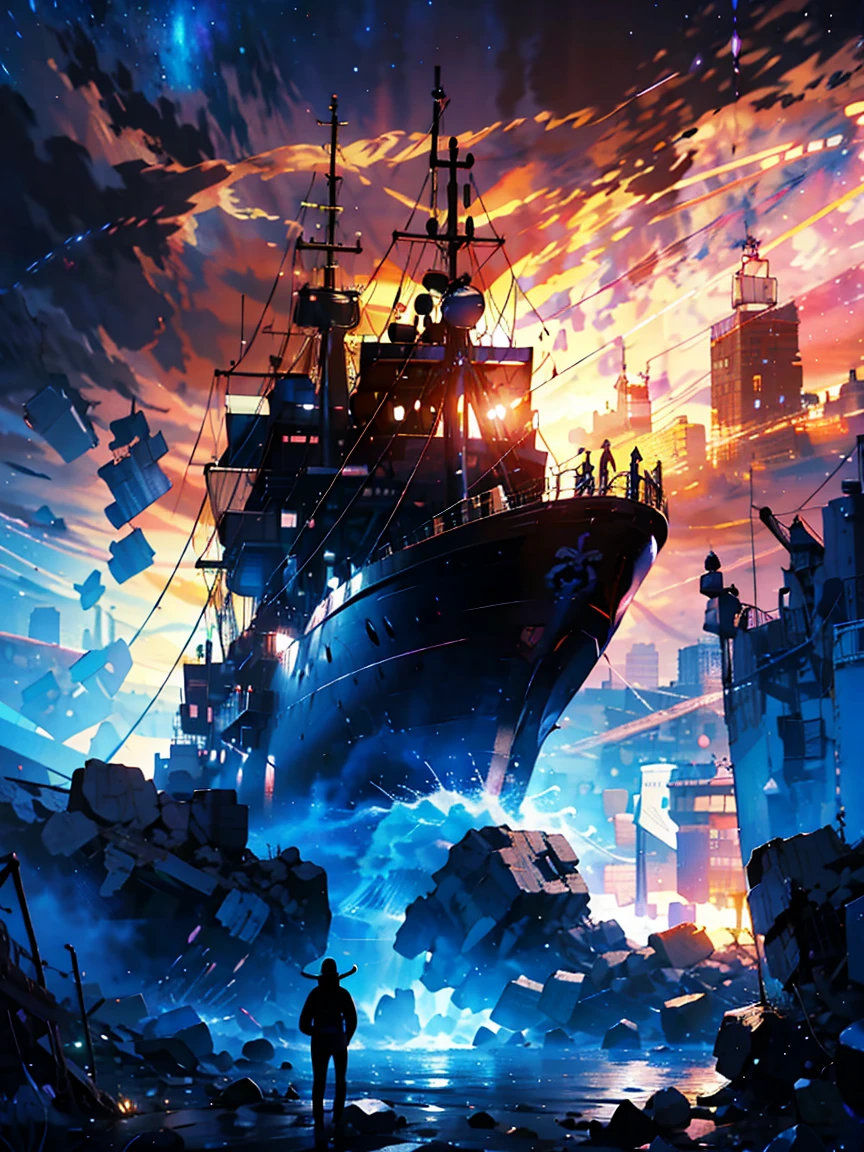 Pirate ship trapped in a cosmic maelstrom nebula, rendered in cosmic beach whirlpool engine, volumetric lighting, spectacular, ambient lights, light pollution, cinematic atmosphere, art nouveau style, illustration art artwork by SenseiJaye, intricate detail.