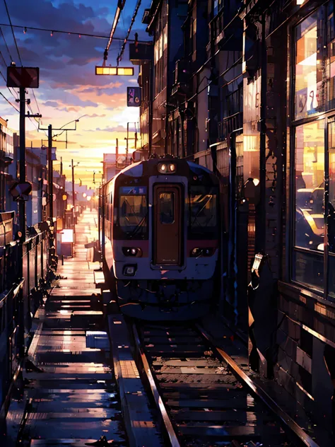 Anime train passing track on sky background, hermosa y armoniosa escena, animacion exquisita, ricos detalles (el ancho es 672), ...
