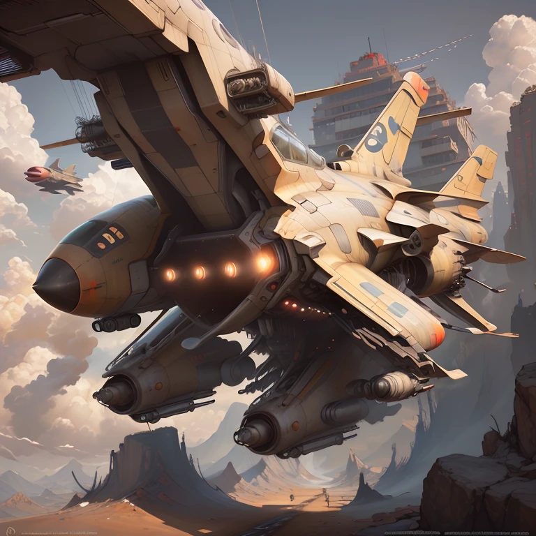 there is a plane flying through the air with clouds in the background, por Arthur Pan, por Raymond Han, Antecedentes de los aviones de combate, jet fighter, wojtek fus, Retrato de Figther Jet evadiendo, Arte digital 4k muy detallado, estilo de pintura de james gurney, rads!!!, arte conceptual | rads, por Alexander Kucharsky, hermosa obra de arte digital