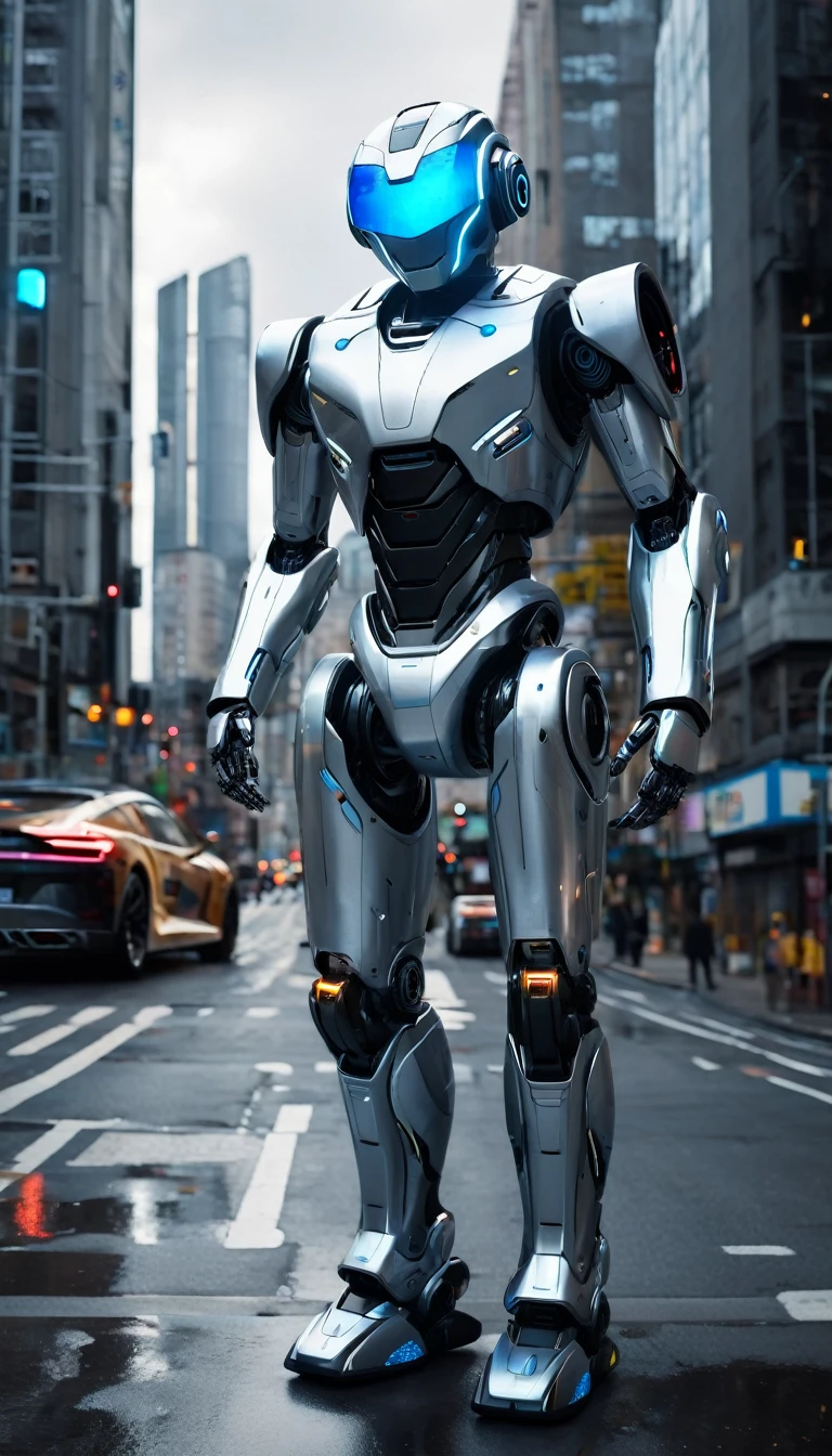 The image shows a robotic figure standing in an urban environment. The robot is wearing a silver suit and has a blue visor on its head. It appears to be a futuristic, metallic character, perhaps from a video game or science fiction film. The cityscape around the robot includes a few cars, with one positioned to the left of the robot and another car further to the right. There are also two traffic lights in the scene, one located near the center and the other towards the right-hand side. The overall setting suggests a futuristic cityscape.
Info