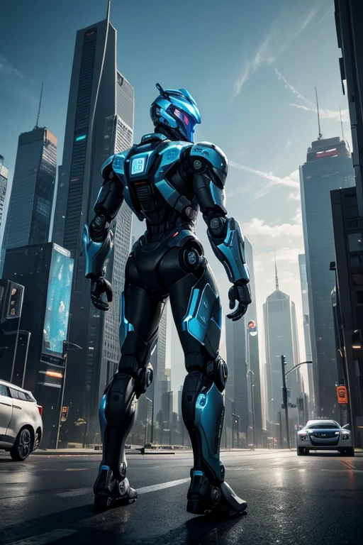 The image shows a robotic figure standing in an urban environment. The robot is wearing a silver suit and has a blue visor on its head. It appears to be a futuristic, metallic character, perhaps from a video game or science fiction film. The cityscape around the robot includes a few cars, with one positioned to the left of the robot and another car further to the right. There are also two traffic lights in the scene, one located near the center and the other towards the right-hand side. The overall setting suggests a futuristic cityscape.
Info