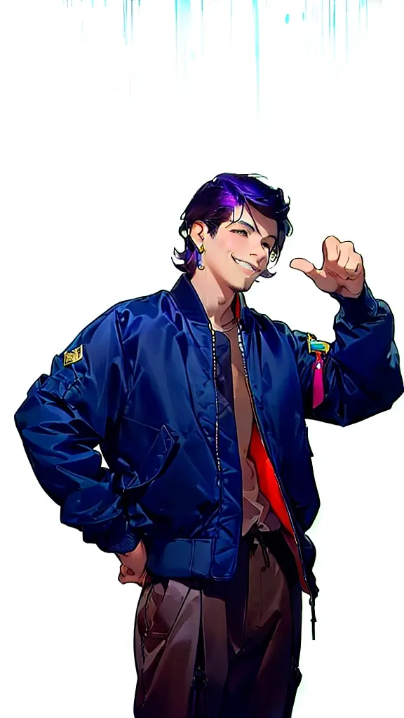 reference sheet, matching outfits, (character design, front angle, side angle, rear angle) qaiwachgan face, beautiful final fantasy male, man in a purple black jacket, wearing a bomber jacket, wearing an aviator jacket, Brown pants, full body close-up shot, wearing ripped flight suit, close up half body shot, egocentric boy pose, main character, handsome, black hair, brown eyes, western, VERY HANDSOME, age 25, perfect lips, perfect hands, ear dangle earring, alpha male type, short black hair, standing against a plain white wall, purple final fantasy cinematic lightning, professional lighting, sunbeam, bokeh, dramatic lighting,