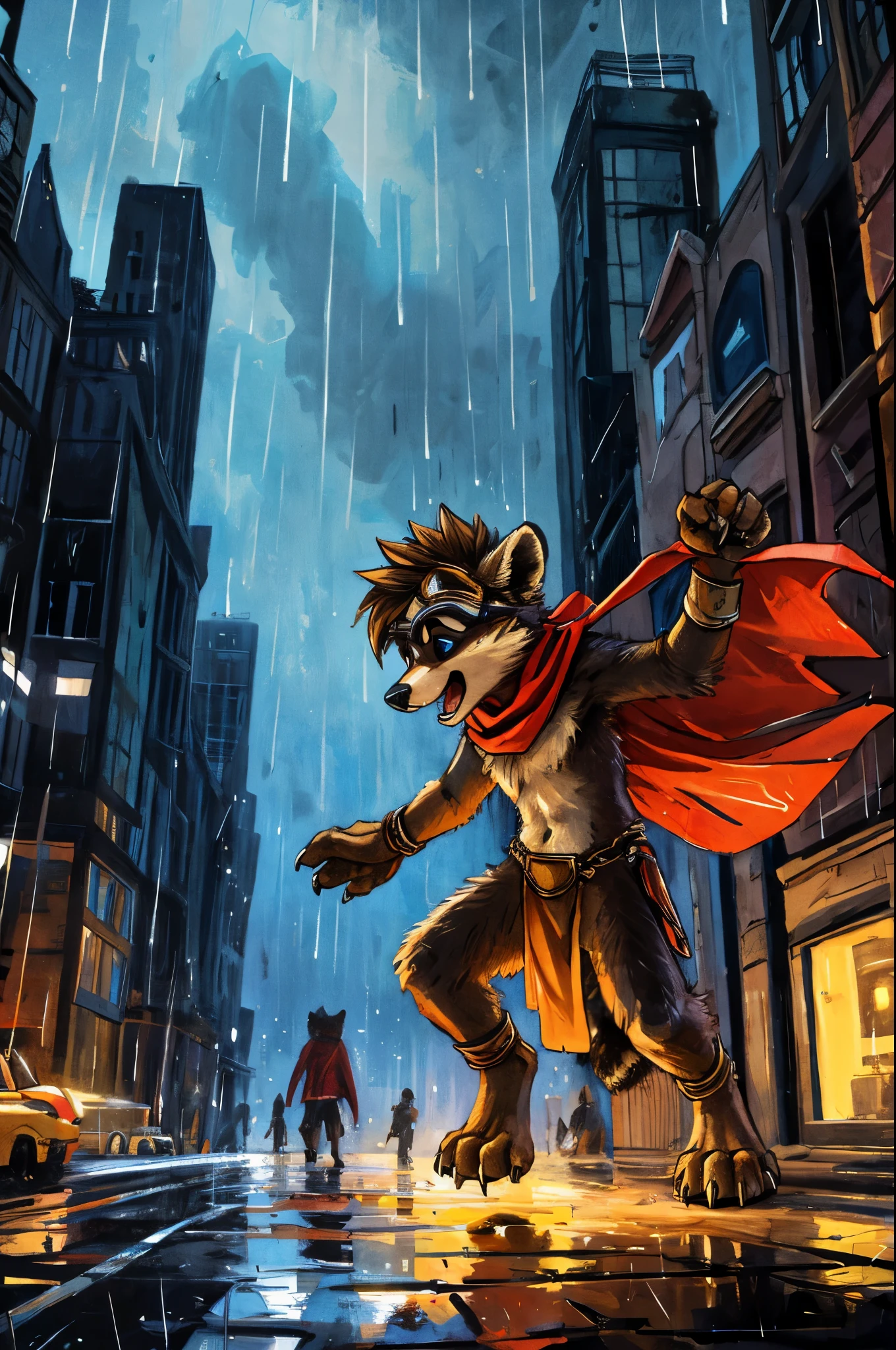 no lighting, deep shadow, dynamic angle, masterpiece, high quality, hi res, solo, young Furry, furry, young, raccoon, spiked brown hair only on head, red scarf, blue eyes, goggles, chain harness, Black loincloth, red cape, masterpiece, detail body, fur all over body, detailed face, detailed eyes, detailed hands, Skinny, claws, high resolution, metal cuffs on wrists, metal cuffs on ankles, no shirt, no underwear, city, night, raining, scream, action pose, art by kenket
