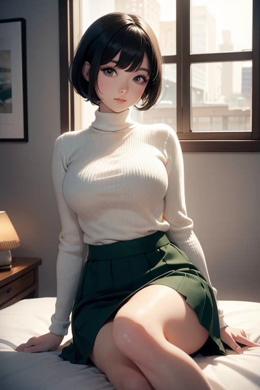 best quality, highres, 1 adult woman, anime woman, white skin, black eyes, hairstyle of short medium layers, black hair, wearing a green sweater only and a skirt, big breasted, curvy body, happy looking, sitting at the edge of a bed in a japanese looking room, sunny day, there's a window, she's looking at the viewer, simple but detailed art style