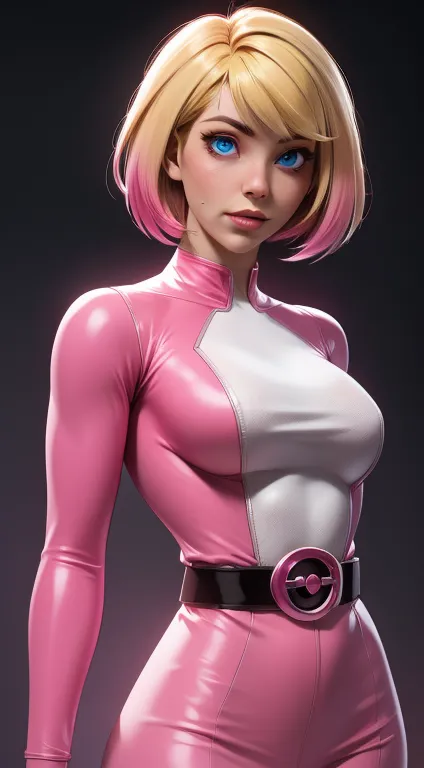 gwenpool, 1girl, blonde hair, multicolored hair, solo, blue eyes, short hair, gradient hair, belt, two-tone hair, pink hair, bre...