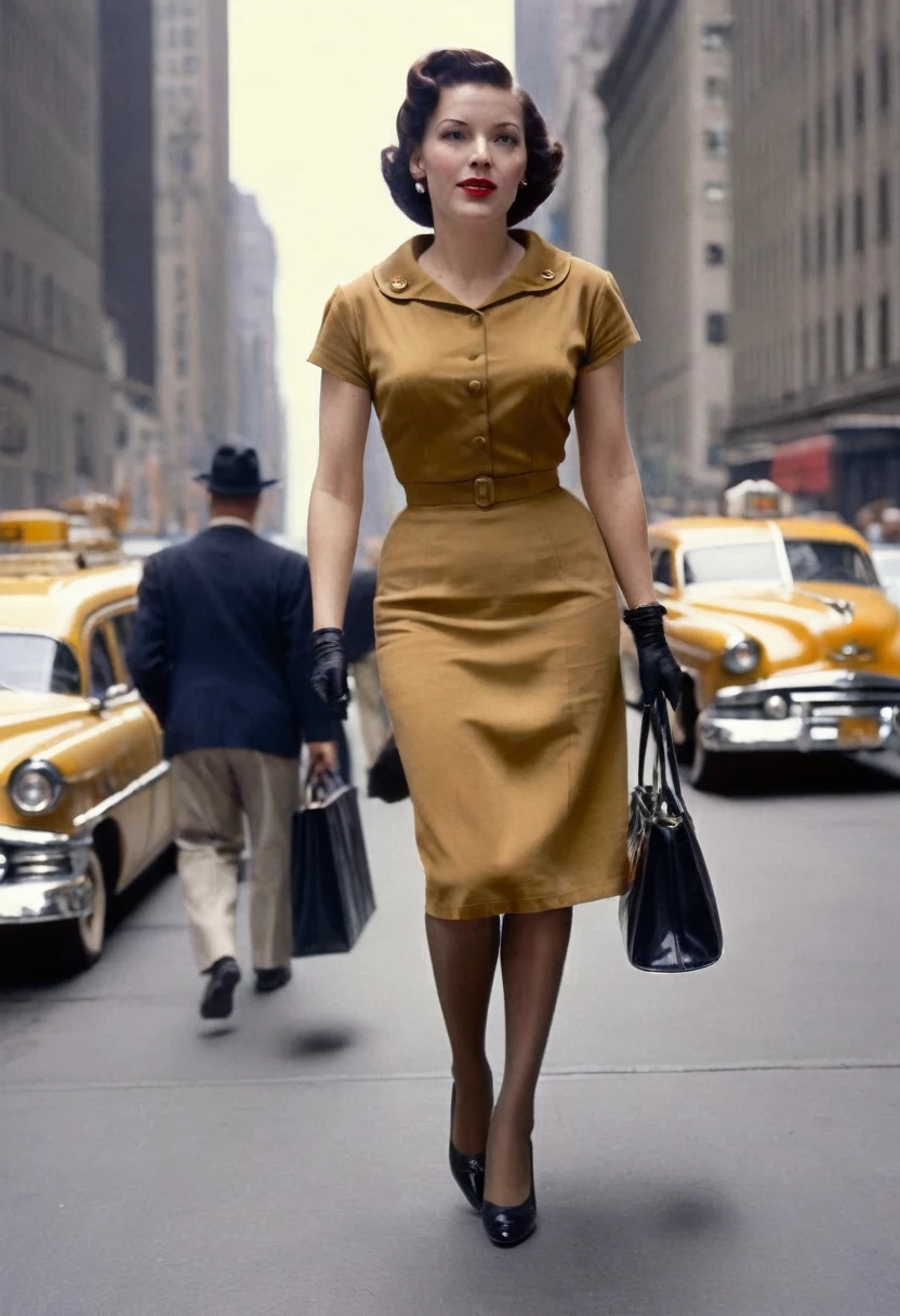 Eine Frau geht in den 1950er Jahren die 5th Avenue in New York entlang. (((Sie trägt ein enges, wadenlanges Etuikleid))), typisch für die Zeit, ((hellbraune Nylonstrümpfe mit Nähten:1.4)), Handtasche. Kameraperspektive von hinten, Ballantyne, (Nahaufnahme Beine:1.5), (((350mm,))), Retro-Mode-Stil

