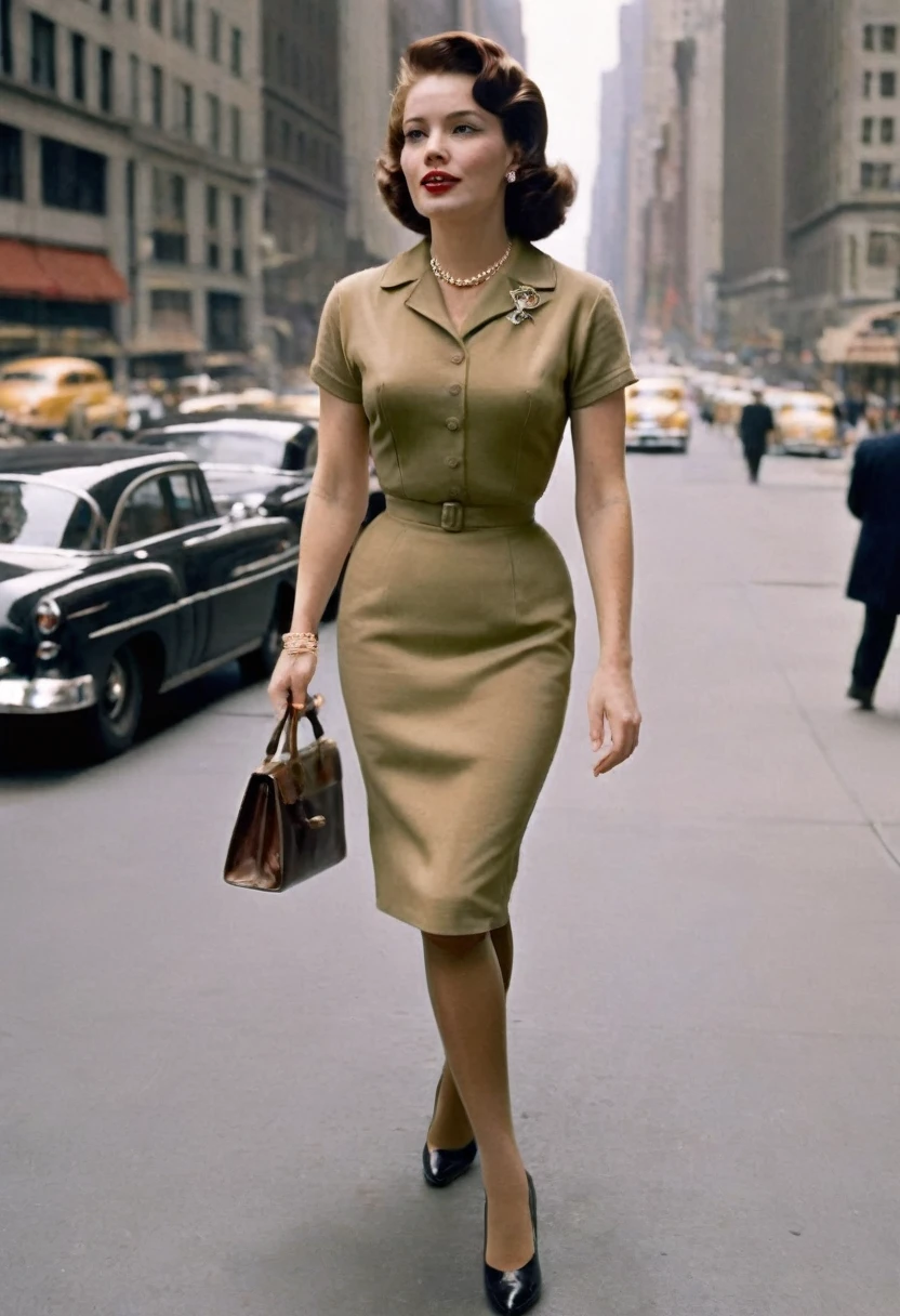 A woman walks down New York's 5th Avenue in the 1950s. (((She is wearing a tight calf-length sheath dress))), typical of the time, ((tan nylon stockings with seams:1.4)), handbag. Camera perspective from behind, Ballantyne, (close up legs:1.5), (((350mm,))), Retro Fashion style

