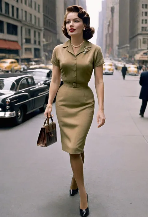 a woman walks down new york's 5th avenue in the 1950s. (((she is wearing a tight calf-length sheath dress))), typical of the tim...