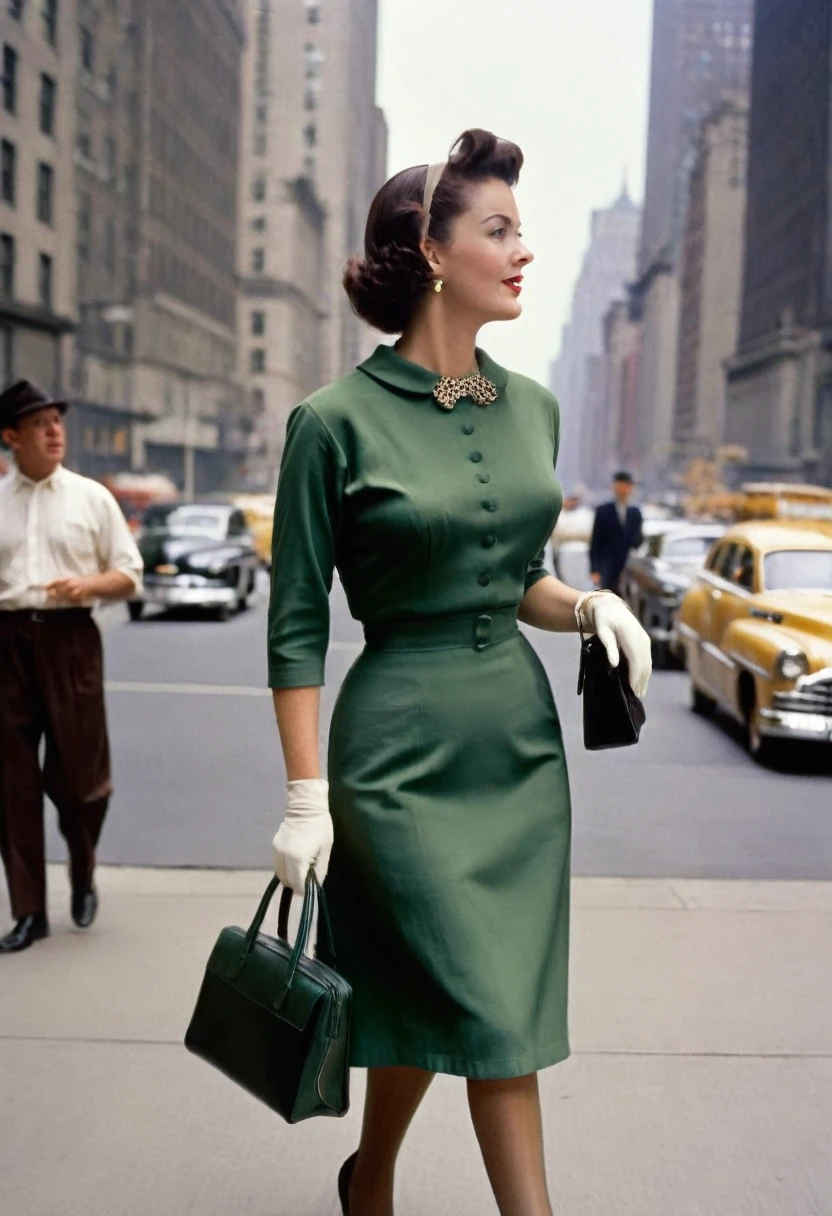 Eine Frau geht in den 1950er Jahren die 5th Avenue in New York entlang. (((Sie trägt ein enges, wadenlanges Etuikleid))), typisch für die Zeit, ((hellbraune Nylonstrümpfe mit Nähten:1.4)), Handtasche. Kameraperspektive von hinten, Ballantyne, (Nahaufnahme Beine:1.5), (((350mm,))), Retro-Mode-Stil

