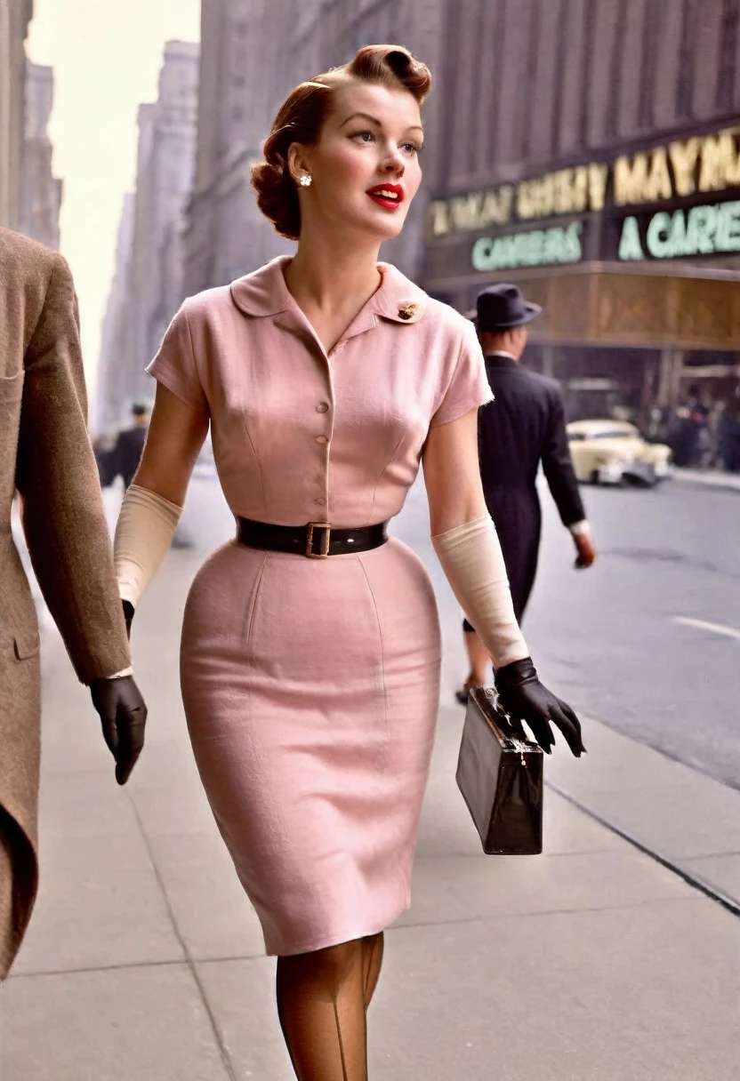 Eine Frau geht in den 1950er Jahren die 5th Avenue in New York entlang. (((Sie trägt ein enges, wadenlanges Etuikleid))), tyPical of the time, ((hellbraune Nylonstrümpfe mit Nähten:1.4)), Handtasche. Camera PersPective from behind, Ballantyne, (close uP legs:1.5), (((350mm,))), Retro Fashion Stil, Jahrgang_P_Stil, Pink


