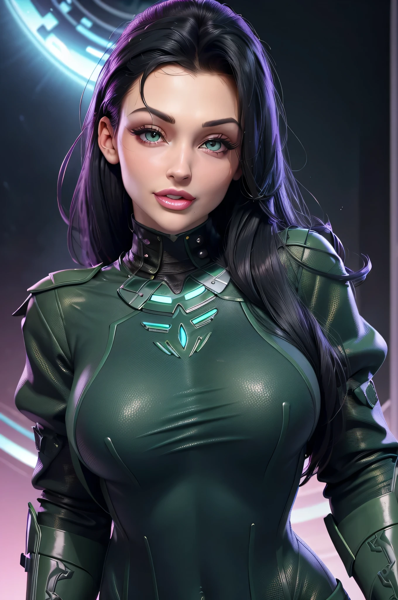 masterpiece, Hdr, 4K, 8k, Best quality, AlettaOceanQuiron woman with ponytail and green eyes, seins moyens, sourire, Regarder le spectateur, in TRON outfit, background: TRON environment